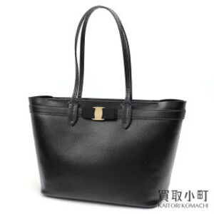 Salvatore Ferragamo Vara Ribbon Tote Bag Black Calfskin Handbag CALF SKIN